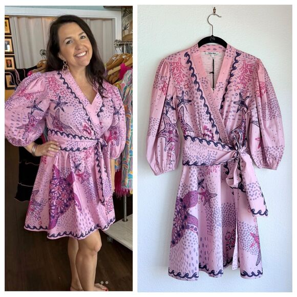 NWT Celina Moon Carly Long Sleeve Wrap Mini Dress in Pink & Purple Sea Life Sz S - Picture 1 of 13